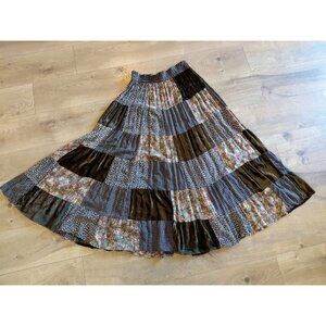 Vintage Phool Patchwork Maxi Skirt Velvet  Patches Brown Medium Boho Hippie